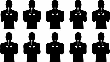 Ten black silhouettes of praying business people in suits arranged in two rows on a white background |eps vectors set