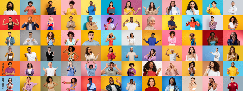 Poster This lively collage features a multiracial collection of individuals, each displaying distinct facial expressions and gestures against colorful backgrounds.