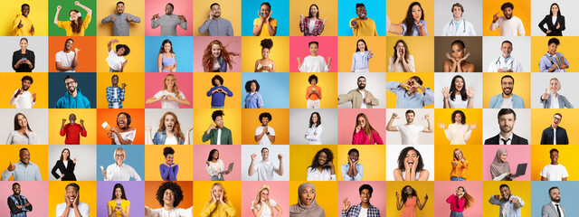 A vibrant collage highlights diverse individuals expressing joy and celebration.