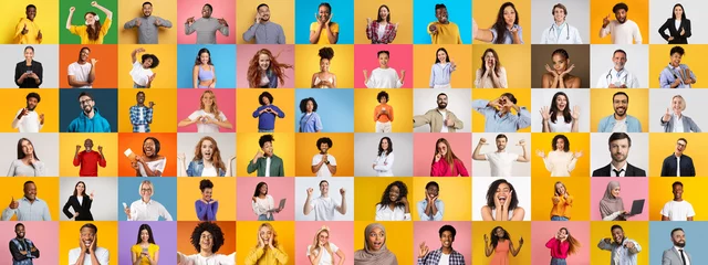 Selbstklebende Fototapeten A vibrant collage highlights diverse individuals expressing joy and celebration. © Prostock-studio