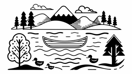 A scenic landscape featuring mountains, trees, a lake with a boat, and ducks in a minimalist black and white style |eps vectors set silhouette