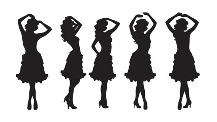 Silhouettes of five women in dresses posing with hands near head in various positions on a white background |eps vectors set