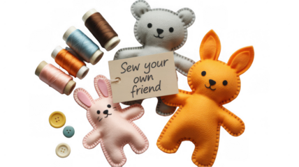 Colorful sewing kit including felt teddy bear and bunnies, spools of thread in various colors, and buttons, arranged on a transparent background, perfect for diy and craft projects
