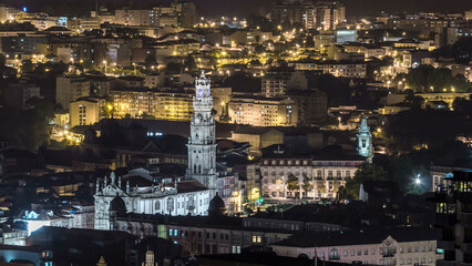 Rooftops of Porto's old town aerial night timelapse, Porto, Portugal