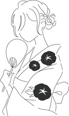 団扇を持って浴衣を着た綺麗な女性の線画イラスト