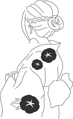 浴衣を着た綺麗な女性の後ろ姿の線画イラスト