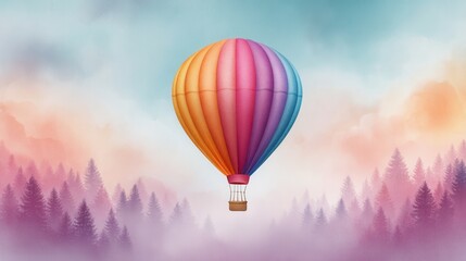 Obraz premium Business Growth Innovation Concepts and Growth Hacking. A colorful hot air balloon floats above a misty forest with pastel skies in the background.