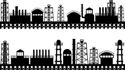 Obraz premium Silhouette depiction of an industrial complex with various towers tanks and chimney stacks against a white sky |eps vectors set
