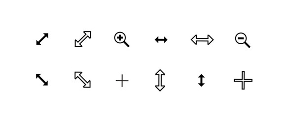 d Move Cursor Icon Set – Minimal Line UI/UX Pointers for Object Resizing, Directional Movement, Pan, and Zoom In/Out Tools