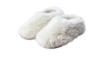 A pair of fuzzy white slippers on a transparent background close up