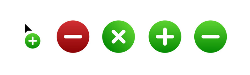 A modern icon set featuring essential UI action buttons: add, remove, close, and confirm. Each icon is placed in a clean circular shape with bold color feedback (green for confirm/add, red for remove)