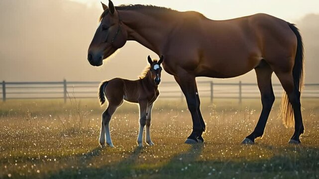 Beautiful horses grazing in a meadow, with a foal and mare bonding peacefully in golden hour sunlight