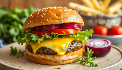 Juicy homemade cheeseburger topped with melted cheese and fresh vegetables, Dreamy. isolated with white highlights