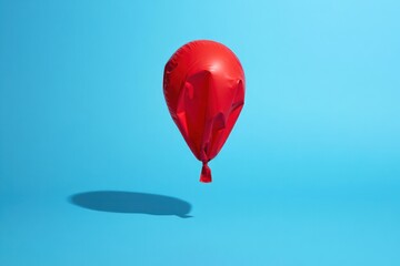 deflated red balloon floating against a blue background casting a soft shadow suggesting melancholy or loss