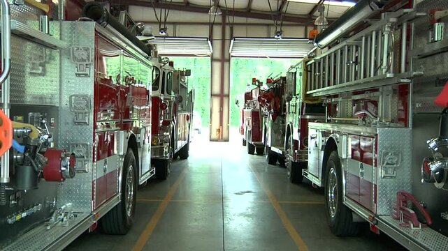 Pan of fire trucks in fire station 