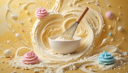 a white bowl with a whisk surrounded by swirling, creamy batter, adorned with colorful meringues and sprinkles on a yellow background, evoking a sense of baking and sweetness.