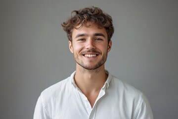 Obraz premium Smiling Young Adult Man in Casual Attire - Confident Lifestyle Portrait in Studio