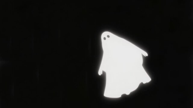 A simple white ghost floats against a black background, representing the playful and mysterious essence of Halloween and the supernatural.