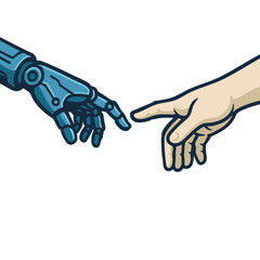 Fototapeta premium Human and Robot Hands Reaching – AI and Humanity Connection Vector Illustration