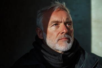 Fototapeta premium Contemplative Senior Man with Beard in Urban Winter Attire. Thoughtful Natural Light Portrait