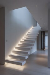 Fototapeta premium Modern Staircase with Ambient Lighting: Floating steps ascend under a bright skylight, creating a minimalist and elegant architectural feature.