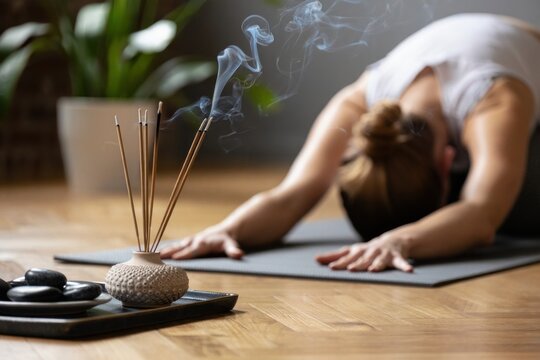 Person practicing yoga stretch on mat with incense sticks burning near smooth stones in a calm, serene indoor setting