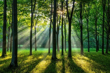 Obraz premium Sunlight streams through tall trees in a green forest casting long shadows and creating a serene and peaceful atmosphere