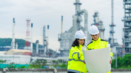 Petrochemical industry engineer teamwork working, check blueprint and inspection petroleum oil refinery plant construction site. Industrial engineering technician maintaining energy power gas system.