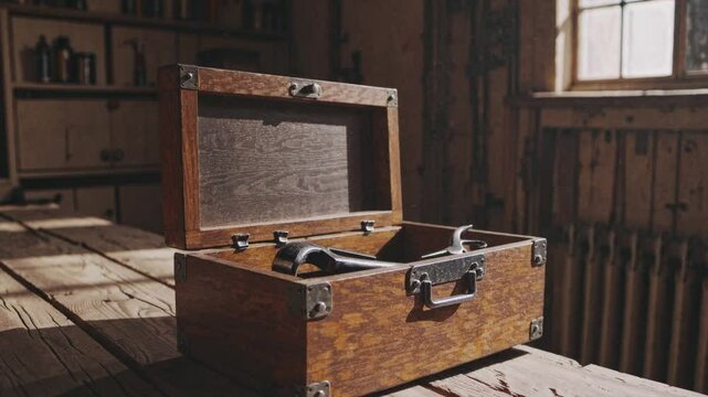 Wooden toolbox filled with various hand tools in a workshop space
