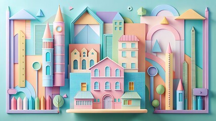 A charming, pastel-colored paper-cut city with whimsical buildings and abstract shapes creates a playful scene.