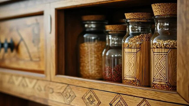 Ornate wooden cabinet showcasing glass jars filled with various grains and seeds, detailed wood carvings adorn the cabinet