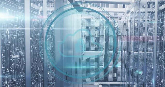 Turquoise Cyber Security fading in drawing ring, sweeping beam highlighting cloud icon over racks