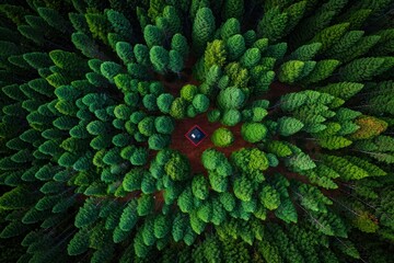 Obraz premium A solitary cabin surrounded by dense green pine trees captured from above, evoking a sense of isolation and peaceful nature retreat