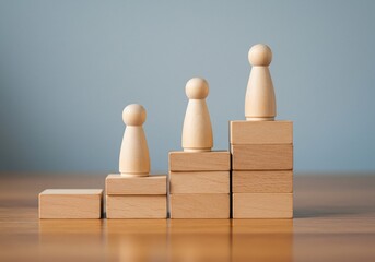 Leadership and Career Growth. Three wooden peg figures stand on wooden blocks of varying heights, symbolizing competition, success, leadership, hierarchy, career growth, and personal achievement.