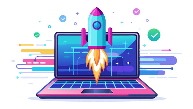 A vibrant illustration of a rocket launching from a laptop screen, surrounded by colorful abstract lines and checkmarks, symbolizing fast performance, startup, or quick digital solutions.