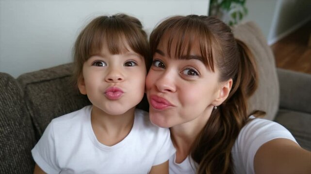 A mother and daughter making silly faces at the camera