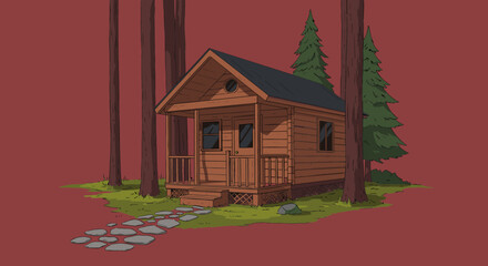Cabin in the woods, forest retreat, nature scene