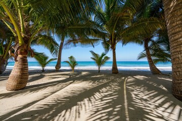 Obraz premium Sunny beach scene framed by palm trees casting long shadows on the sand with calm blue ocean and clear sky in the background