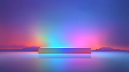 夕暮れの空とネオンライトが映える近未来的な建築空間の3Dアート