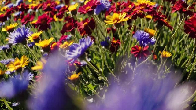 Colorful wildflowers bloom in a vibrant meadow during sunny spring days
