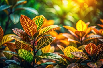 Vibrant foliage bathed in warm sunlight, showcasing intricate leaf veins and a spectrum of autumnal hues, creating a stunning natural backdrop