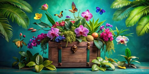A lush tropical arrangement overflowing from an antique wooden chest, adorned with vibrant orchids, butterflies, and exotic foliage against a teal backdrop.