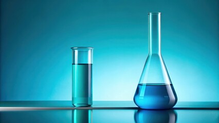 A close-up view of laboratory glassware containing a vibrant azure liquid against a serene blue backdrop.