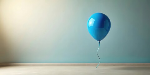 A single vibrant blue balloon floats gently near a light beige floor against a serene teal wall, creating a minimalist yet evocative scene.