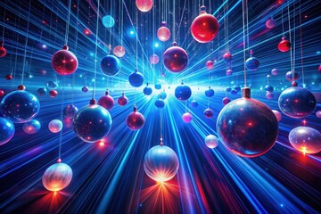 A Festive Display of Ornamental Spheres Suspended in a Dynamic, Radiant Light Show Featuring Vivid Hues and Glowing Accents