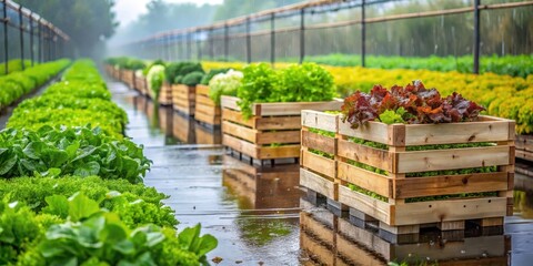 Rows of vibrant leafy greens flourishing under a gentle rain in a modern agricultural setting