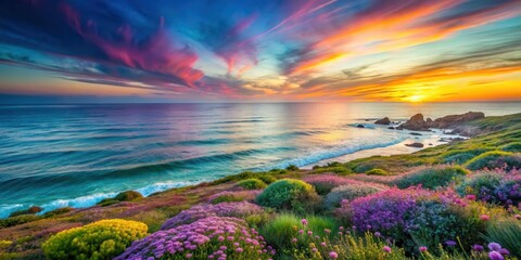 Vibrant Coastal Bloom at Sunset Ocean Waves Crashing on Rocky Shore, Vivid Wildflowers Adorn the Cliffs