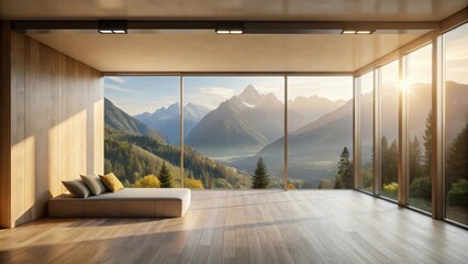 Serene mountain vista room with expansive windows, minimalist platform bed, and warm wood floors