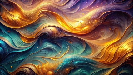 Abstract Golden and Teal Swirling Waves with Glittering Particles A Luxurious and Evocative Design