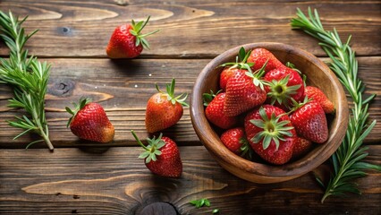 A Rustic Wooden Bowl Overflowing with Ripe, Juicy Strawberries, Accented by Fresh Rosemary Sprigs on a Dark Wooden Surface